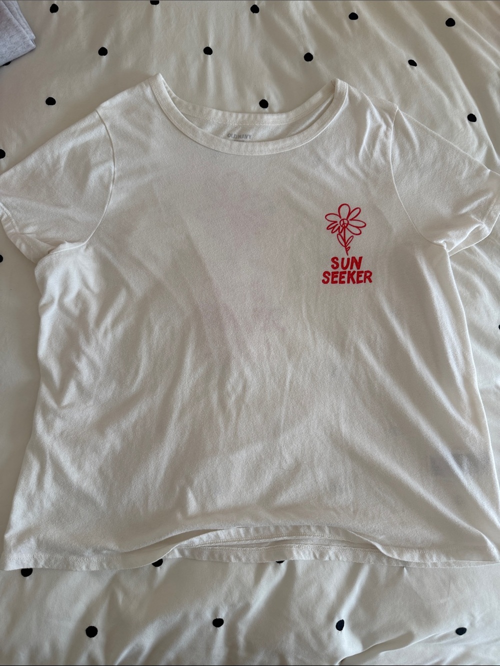 Old Navy White Tee with Red 'Sun Seeker' Flower Graphic